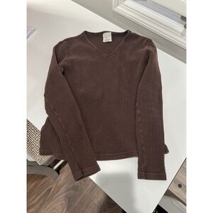 VINTAGE 90s Old Navy Ribbed V Neck Long Sleeve Top Chocolate Brown XS